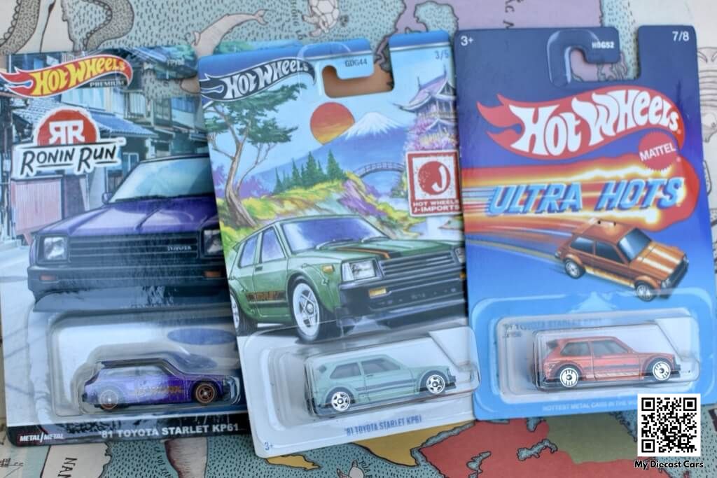 Ba dòng xe khác nhau của cùng mẫu xe Toyota Starlet. Hai chiếc bên phải không phải cơ bản (basic) cũng không phải cao cấp (premium) nhưng đều gầm sắt và vẽ chi tiết